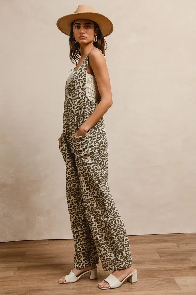 BiBi Leopard Print Adjustable Strap U Neck Jumpsuit