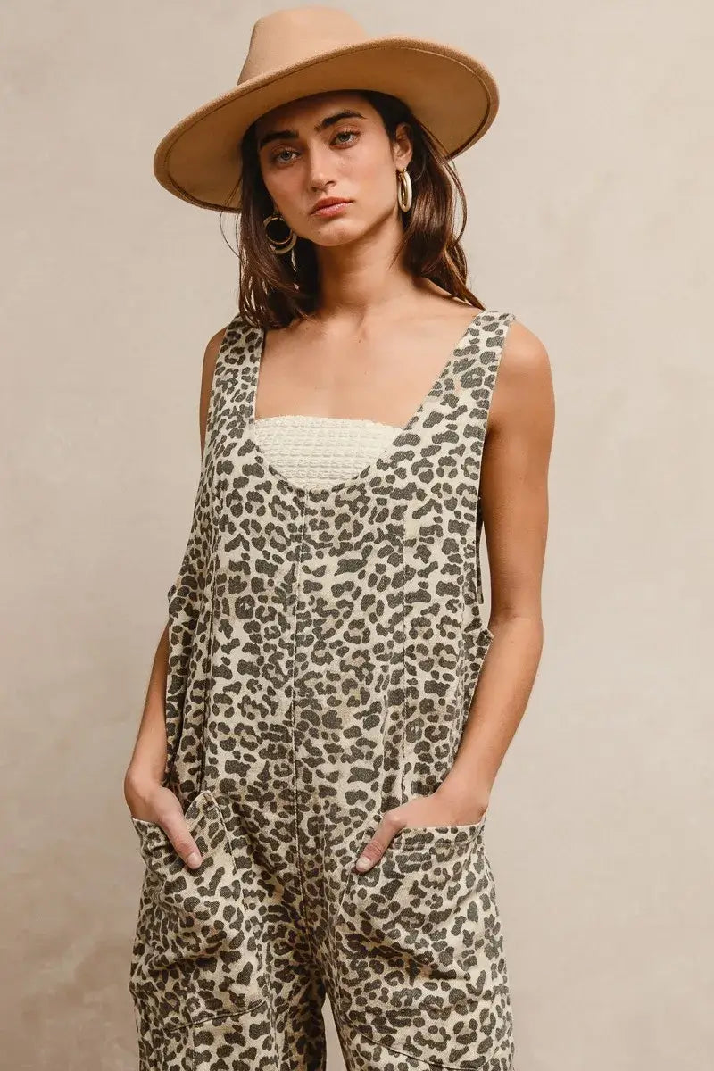 BiBi Leopard Print Adjustable Strap U Neck Jumpsuit