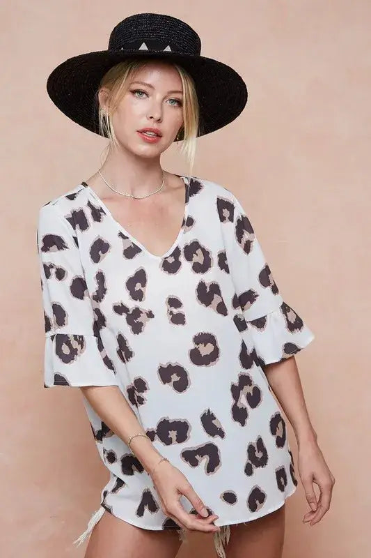 BiBi Leopard Printed V Neck Woven Top with Ruffled