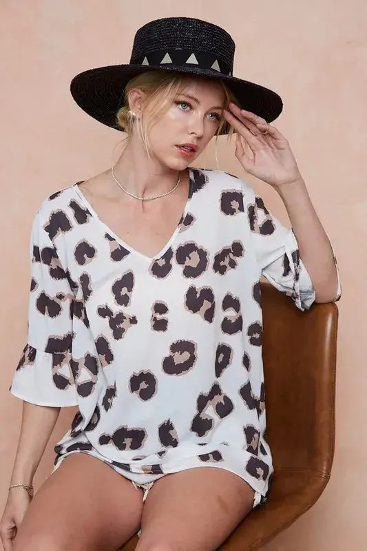 BiBi Leopard Printed V Neck Woven Top with Ruffled