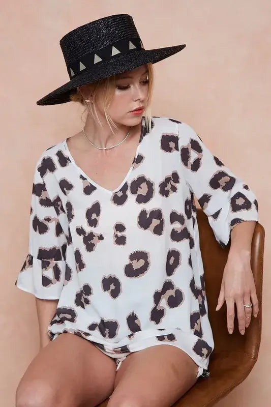 BiBi Leopard Printed V Neck Woven Top with Ruffled