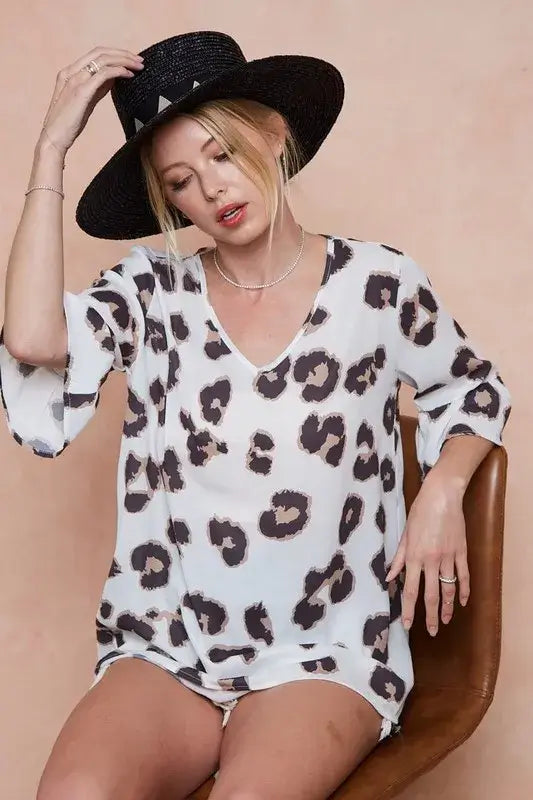 BiBi Leopard Printed V Neck Woven Top with Ruffled