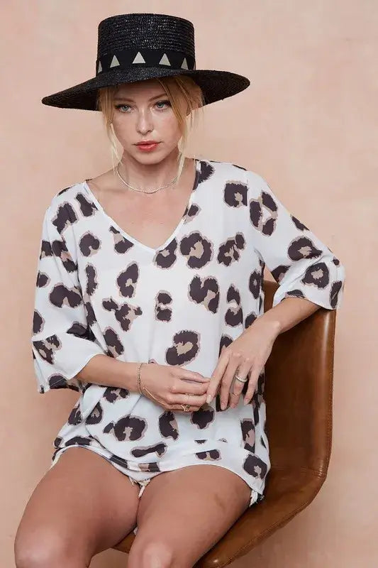 BiBi Leopard Printed V Neck Woven Top with Ruffled