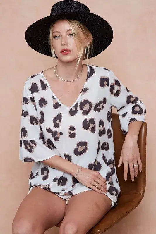 BiBi Leopard Printed V Neck Woven Top with Ruffled