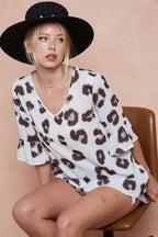 BiBi Leopard Printed V Neck Woven Top with Ruffled