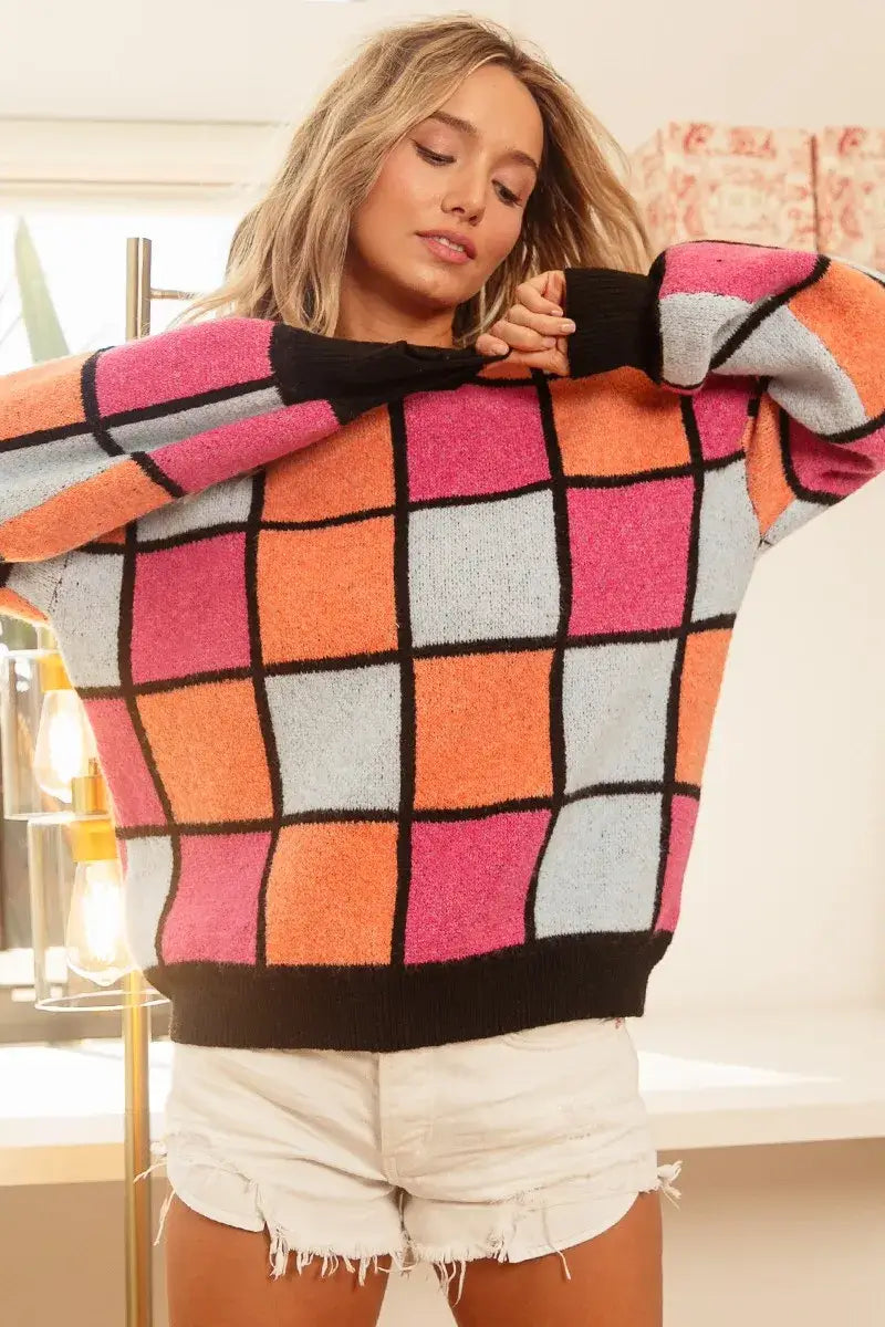 BiBi Multi Color Checker Pattern Sweater