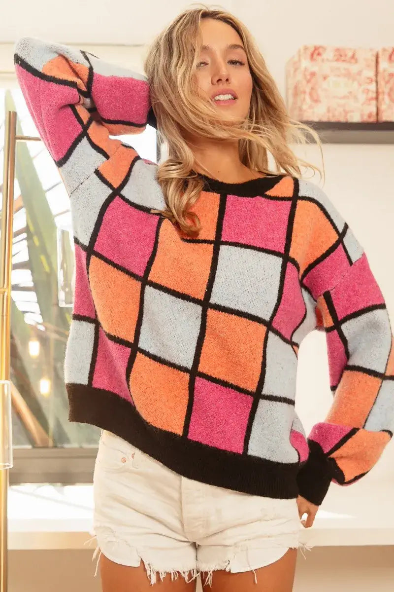 BiBi Multi Color Checker Pattern Sweater