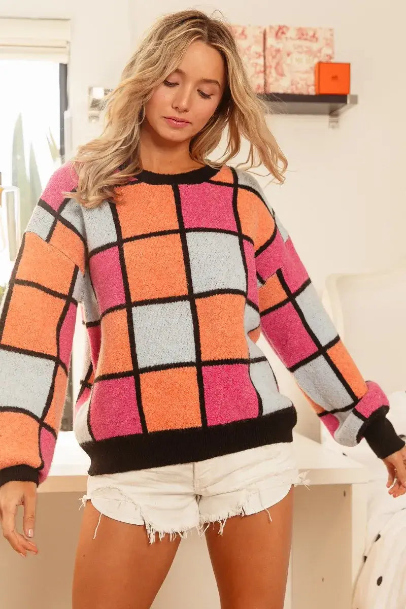 BiBi Multi Color Checker Pattern Sweater