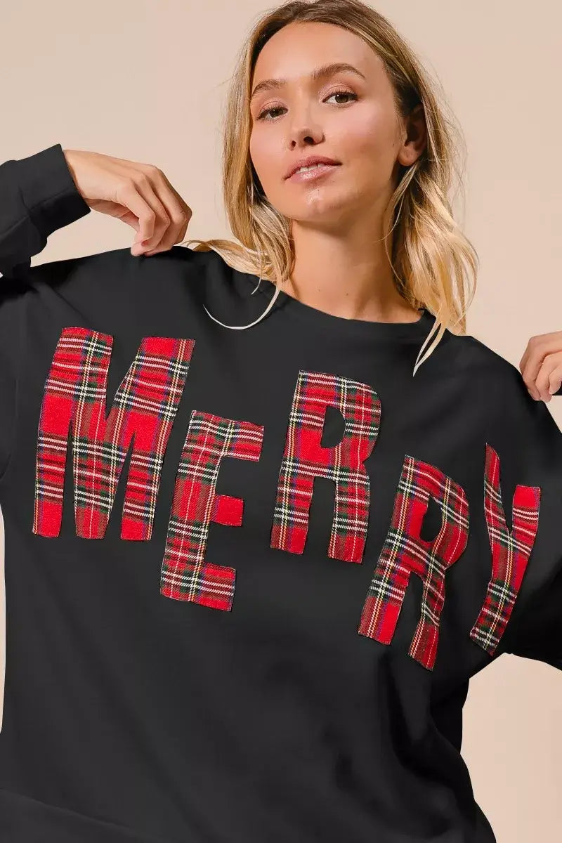 BiBi Plaid Merry Lettering Christmas Fleece Sweatshirt Hauptbild