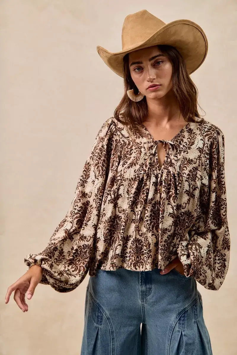 BiBi Printed Woven Front Tied Blouse with Baloon Sleeve