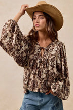 BiBi Printed Woven Front Tied Blouse with Baloon Sleeve