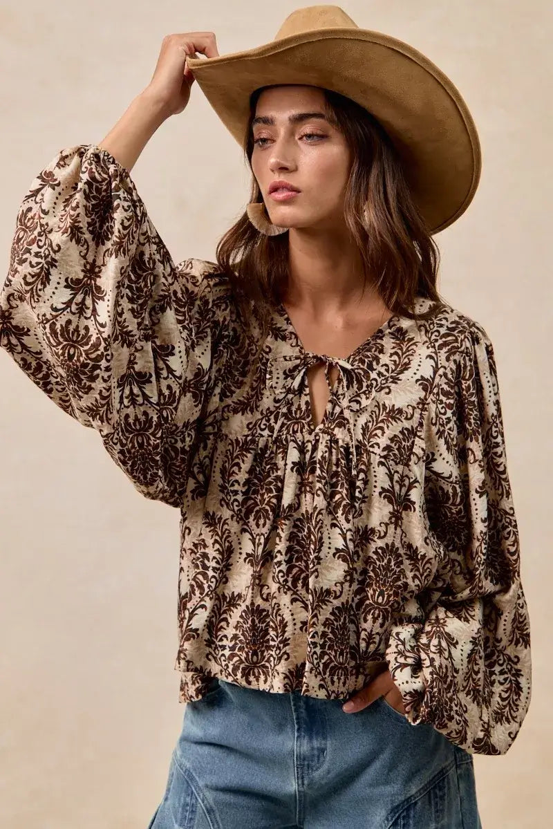 BiBi Printed Woven Front Tied Blouse with Baloon Sleeve