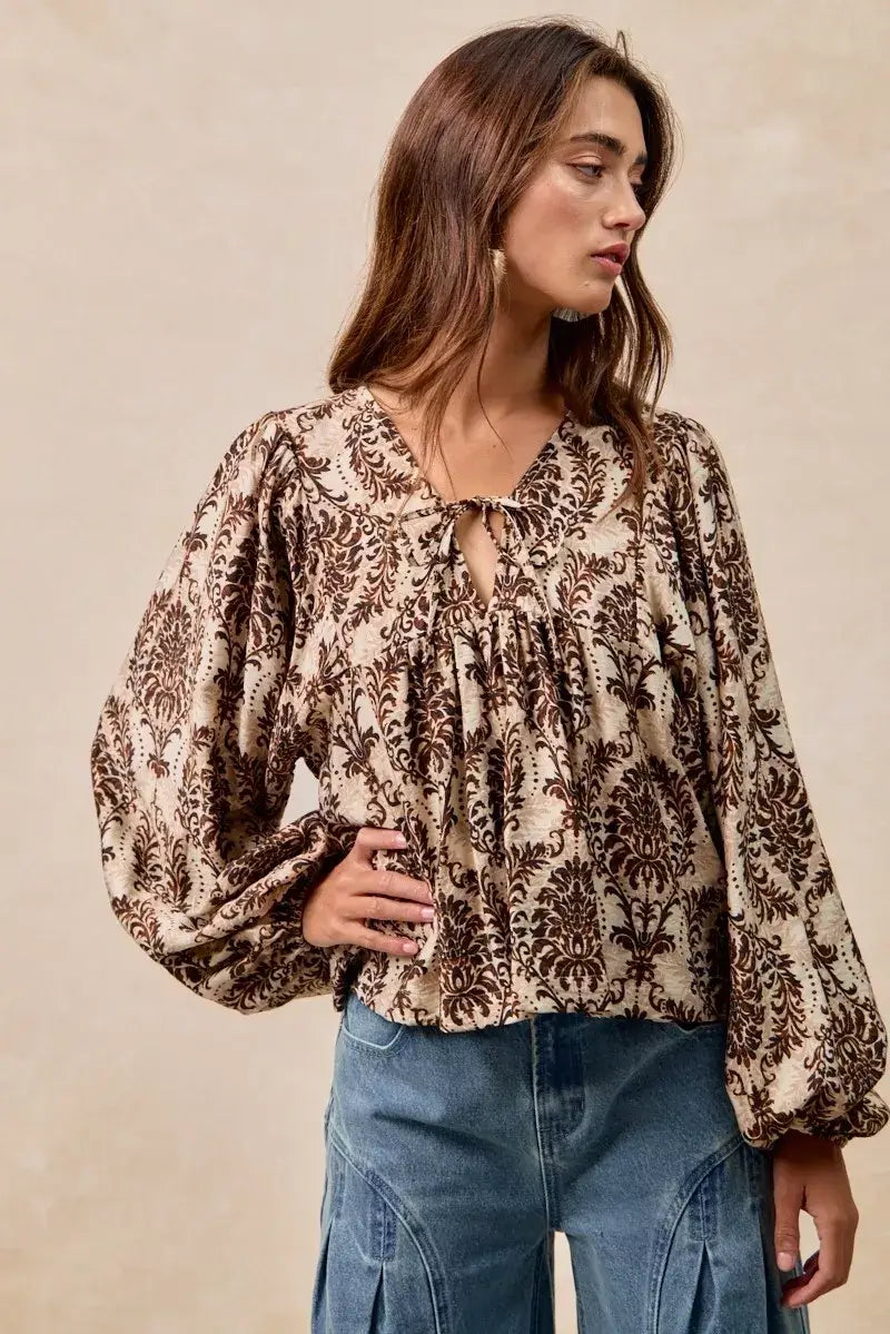 BiBi Printed Woven Front Tied Blouse with Baloon Sleeve