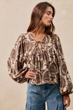 BiBi Printed Woven Front Tied Blouse with Baloon Sleeve