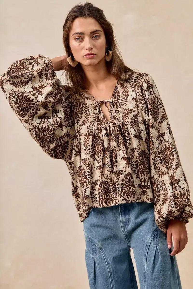 BiBi Printed Woven Front Tied Blouse with Baloon Sleeve