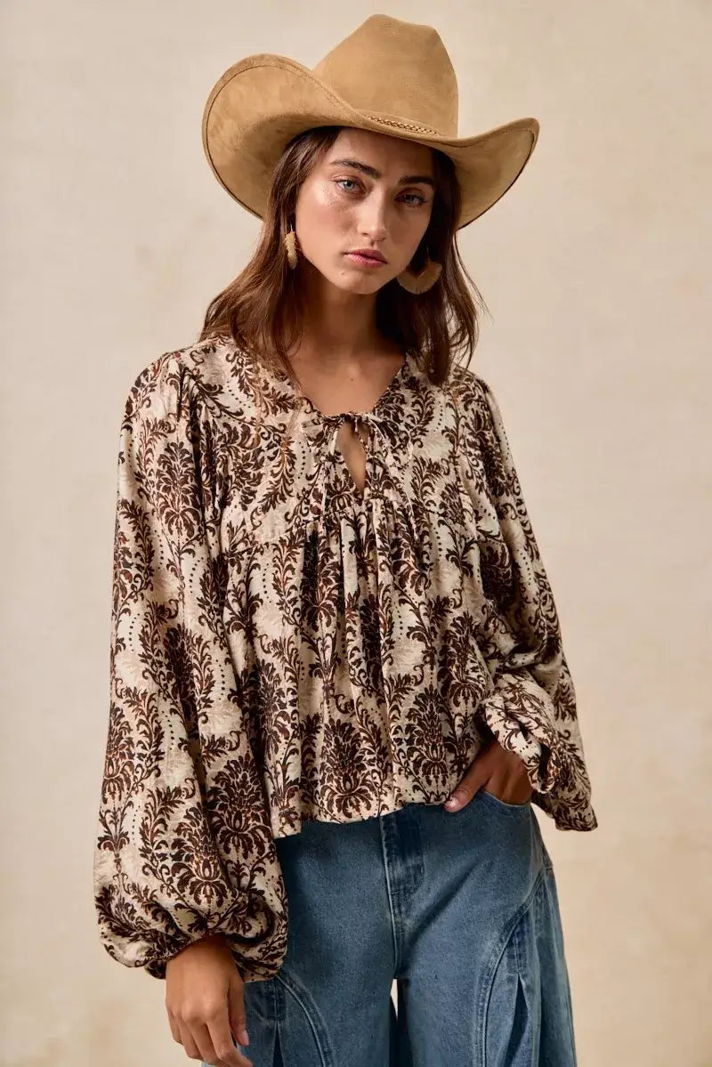 BiBi Printed Woven Front Tied Blouse with Baloon Sleeve