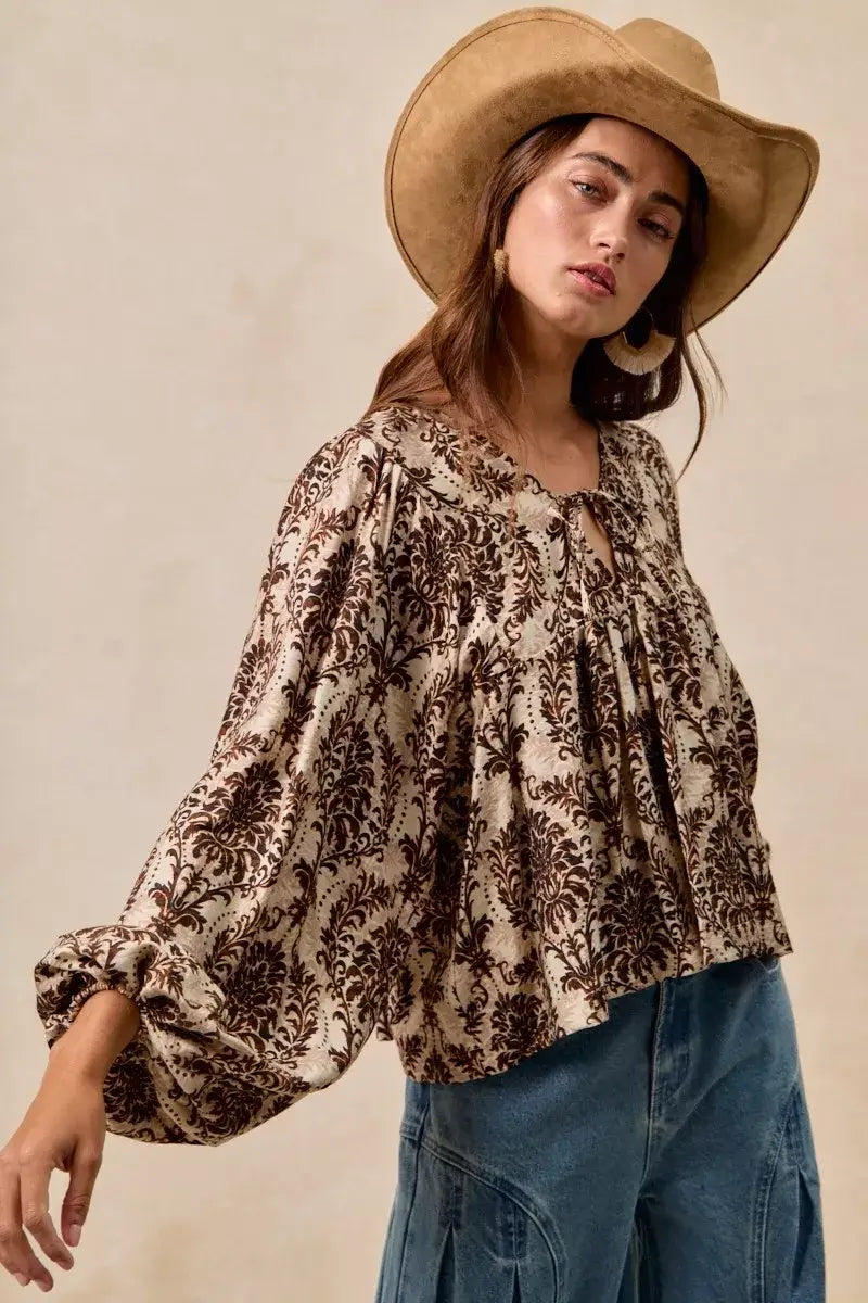 BiBi Printed Woven Front Tied Blouse with Baloon Sleeve