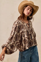BiBi Printed Woven Front Tied Blouse with Baloon Sleeve