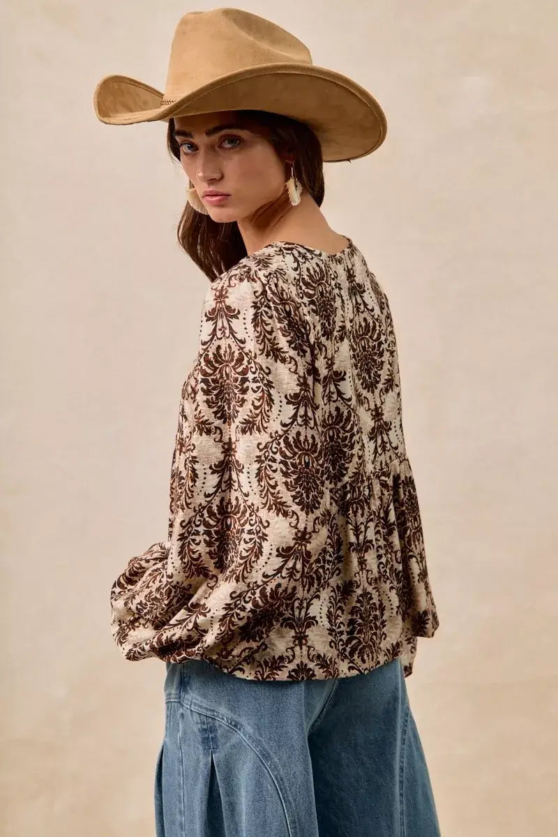 BiBi Printed Woven Front Tied Blouse with Baloon Sleeve