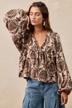 BiBi Printed Woven Front Tied Blouse with Baloon Sleeve