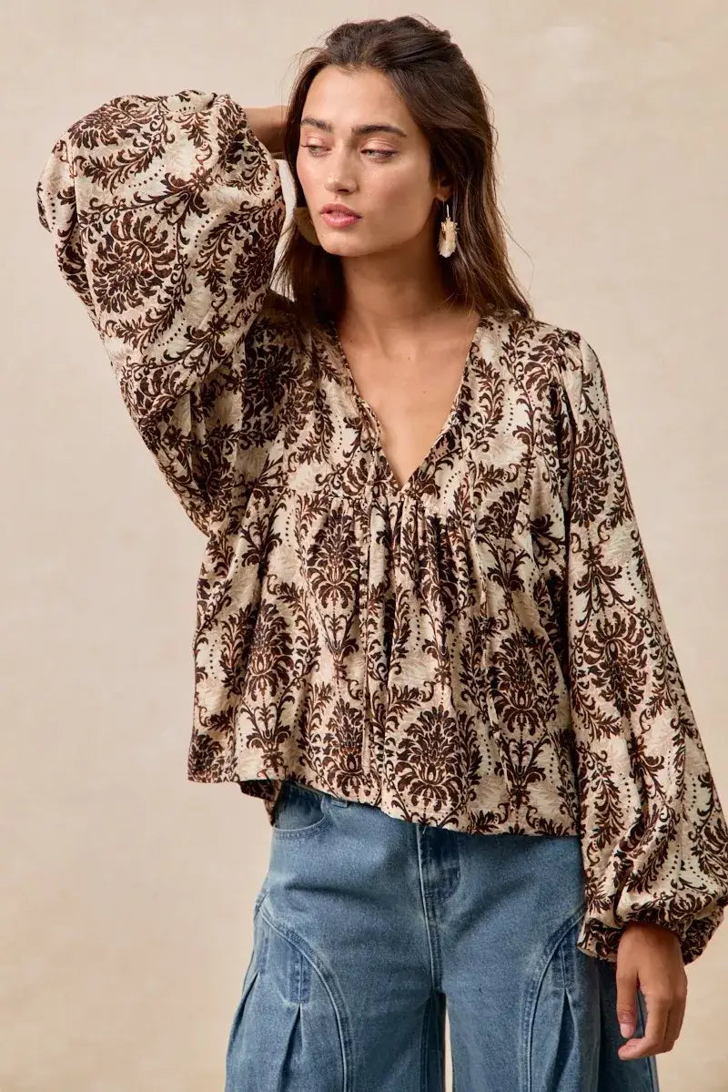 BiBi Printed Woven Front Tied Blouse with Baloon Sleeve