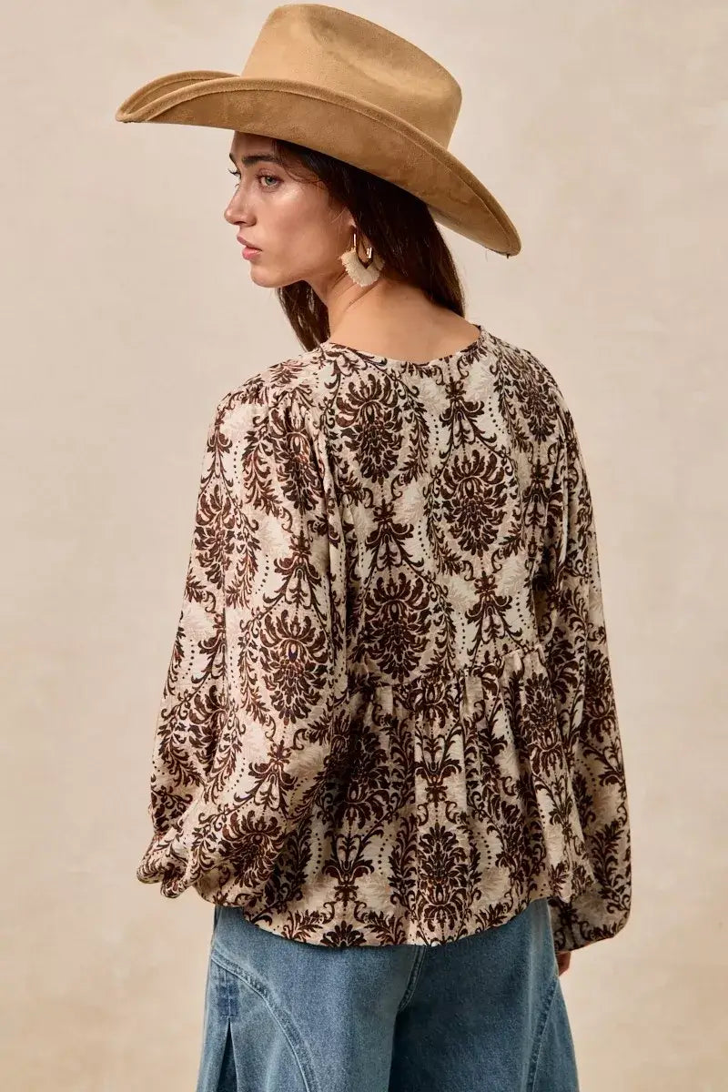 BiBi Printed Woven Front Tied Blouse with Baloon Sleeve