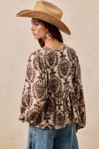 BiBi Printed Woven Front Tied Blouse with Baloon Sleeve
