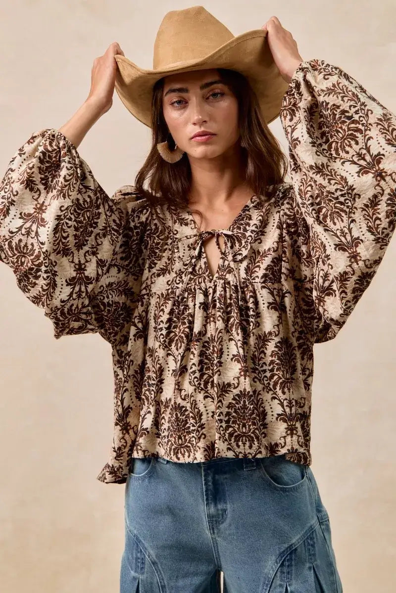 BiBi Printed Woven Front Tied Blouse with Baloon Sleeve