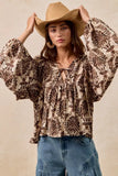 BiBi Printed Woven Front Tied Blouse with Baloon Sleeve