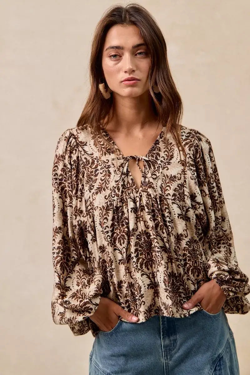 BiBi Printed Woven Front Tied Blouse with Baloon Sleeve