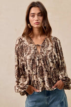 BiBi Printed Woven Front Tied Blouse with Baloon Sleeve