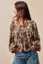 BiBi Printed Woven Front Tied Blouse with Baloon Sleeve