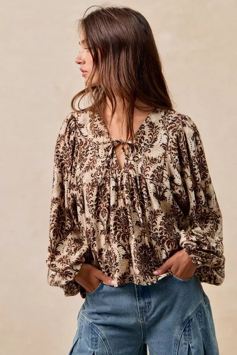 BiBi Printed Woven Front Tied Blouse with Baloon Sleeve