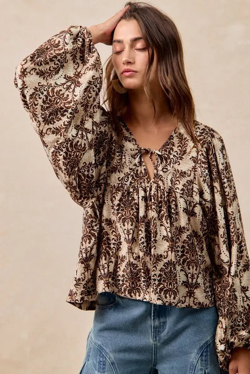 BiBi Printed Woven Front Tied Blouse with Baloon Sleeve