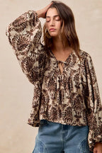 BiBi Printed Woven Front Tied Blouse with Baloon Sleeve