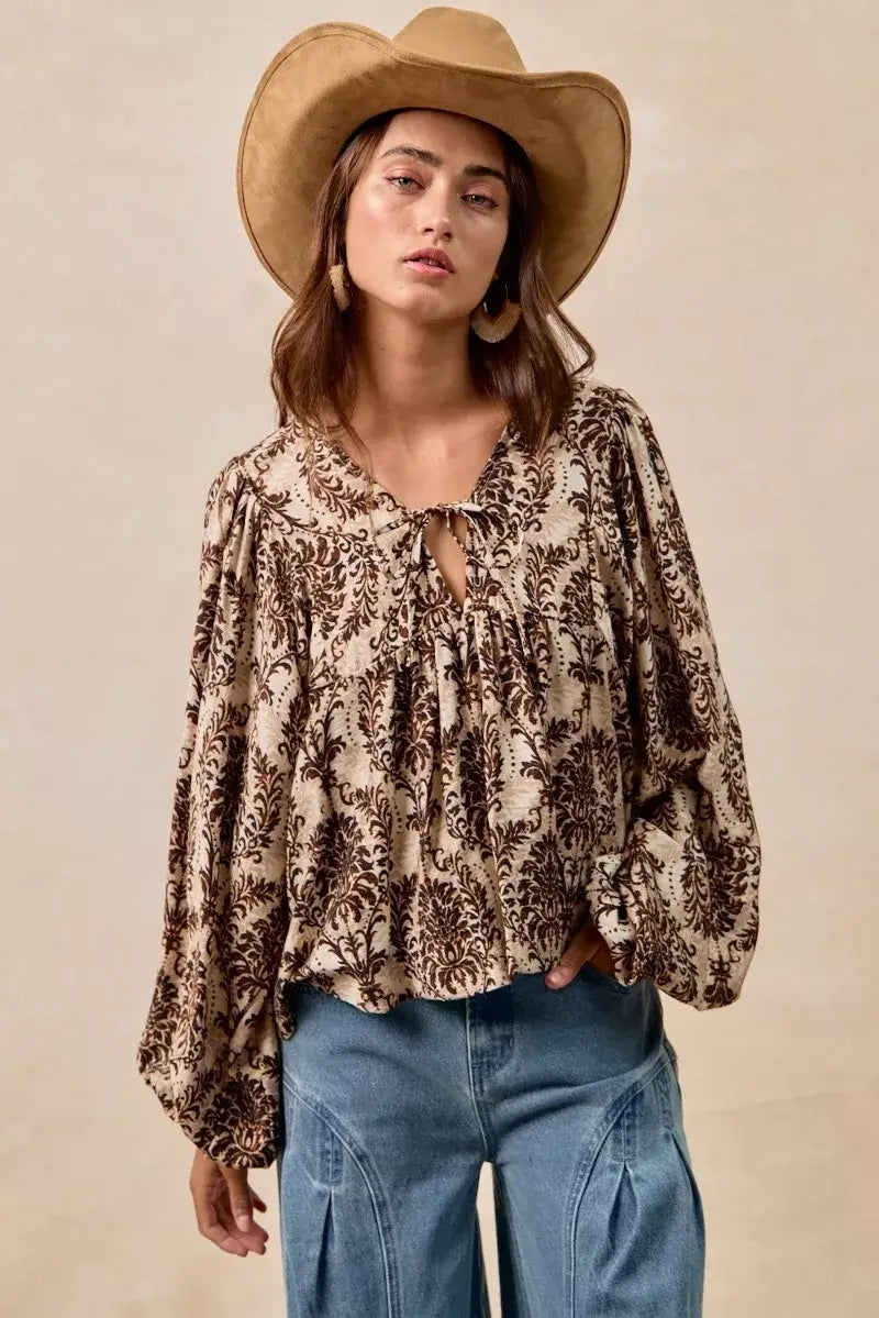 BiBi Printed Woven Front Tied Blouse with Baloon Sleeve