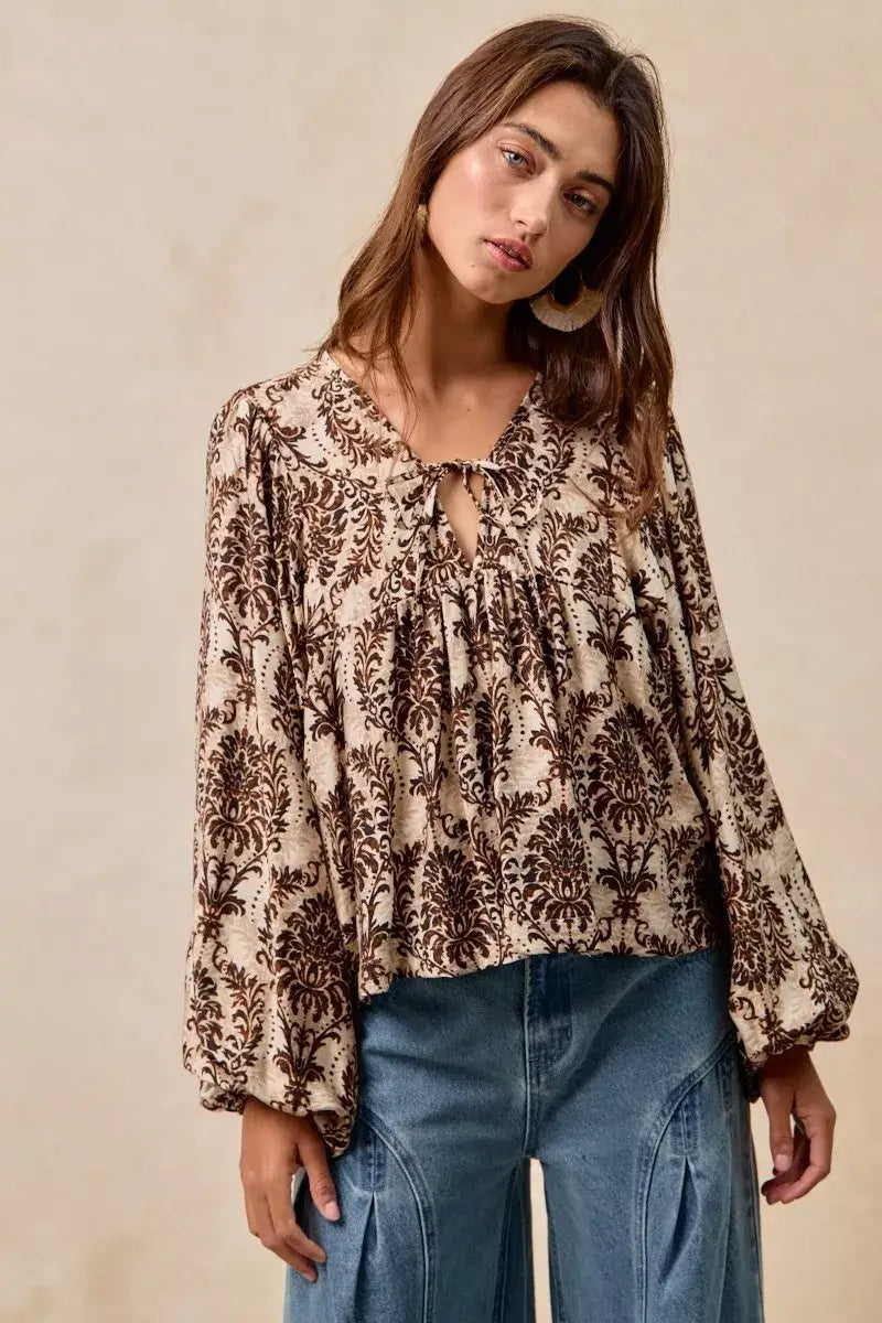 BiBi Printed Woven Front Tied Blouse with Baloon Sleeve