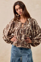 BiBi Printed Woven Front Tied Blouse with Baloon Sleeve