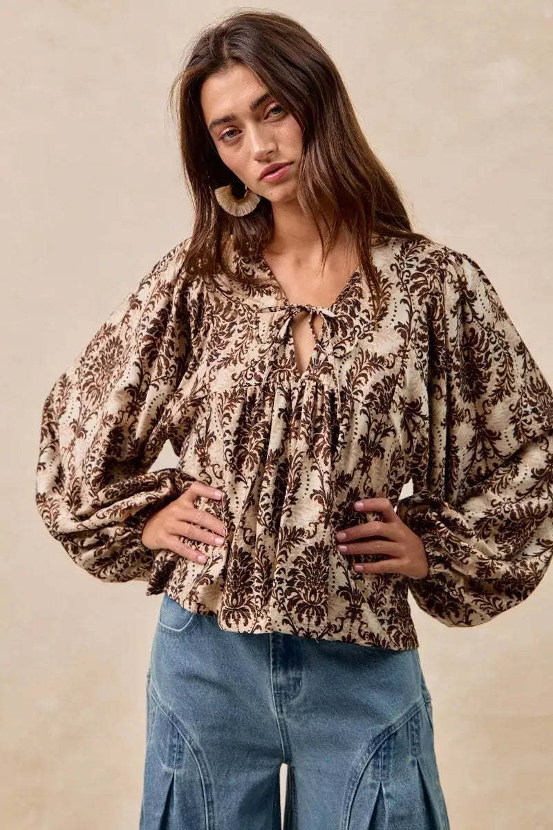 BiBi Printed Woven Front Tied Blouse with Baloon Sleeve