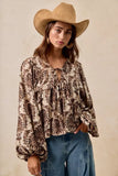 BiBi Printed Woven Front Tied Blouse with Baloon Sleeve