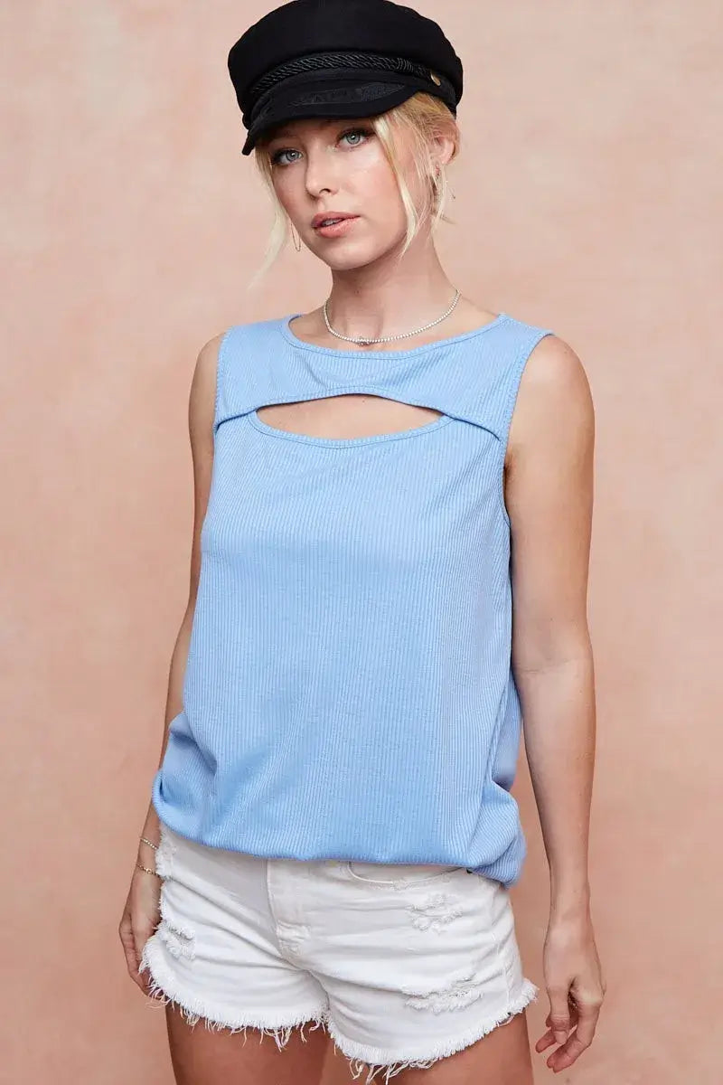 BiBi Soft Rib Knit with Cut Out Front Sleeveless Top