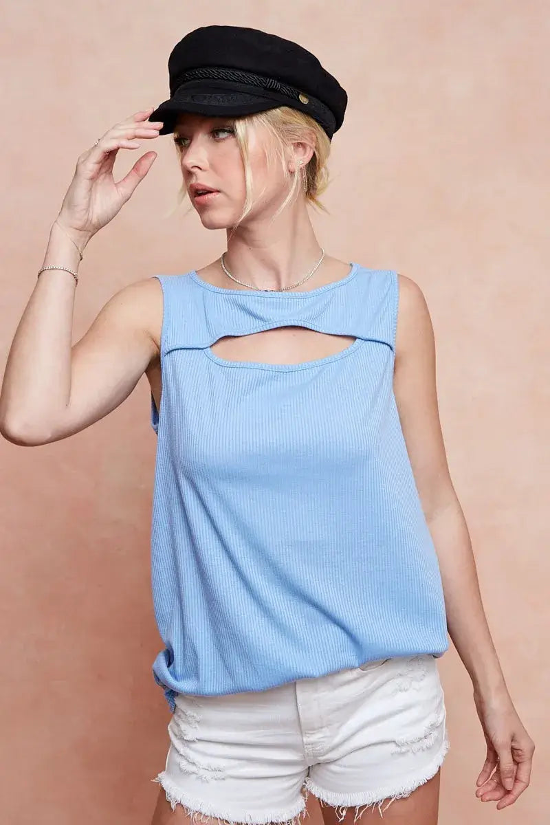 BiBi Soft Rib Knit with Cut Out Front Sleeveless Top