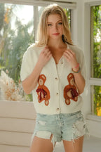 BiBi Teddy Bear With Bow Patched Sweater Button Down Top
