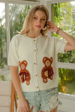 BiBi Teddy Bear With Bow Patched Sweater Button Down Top