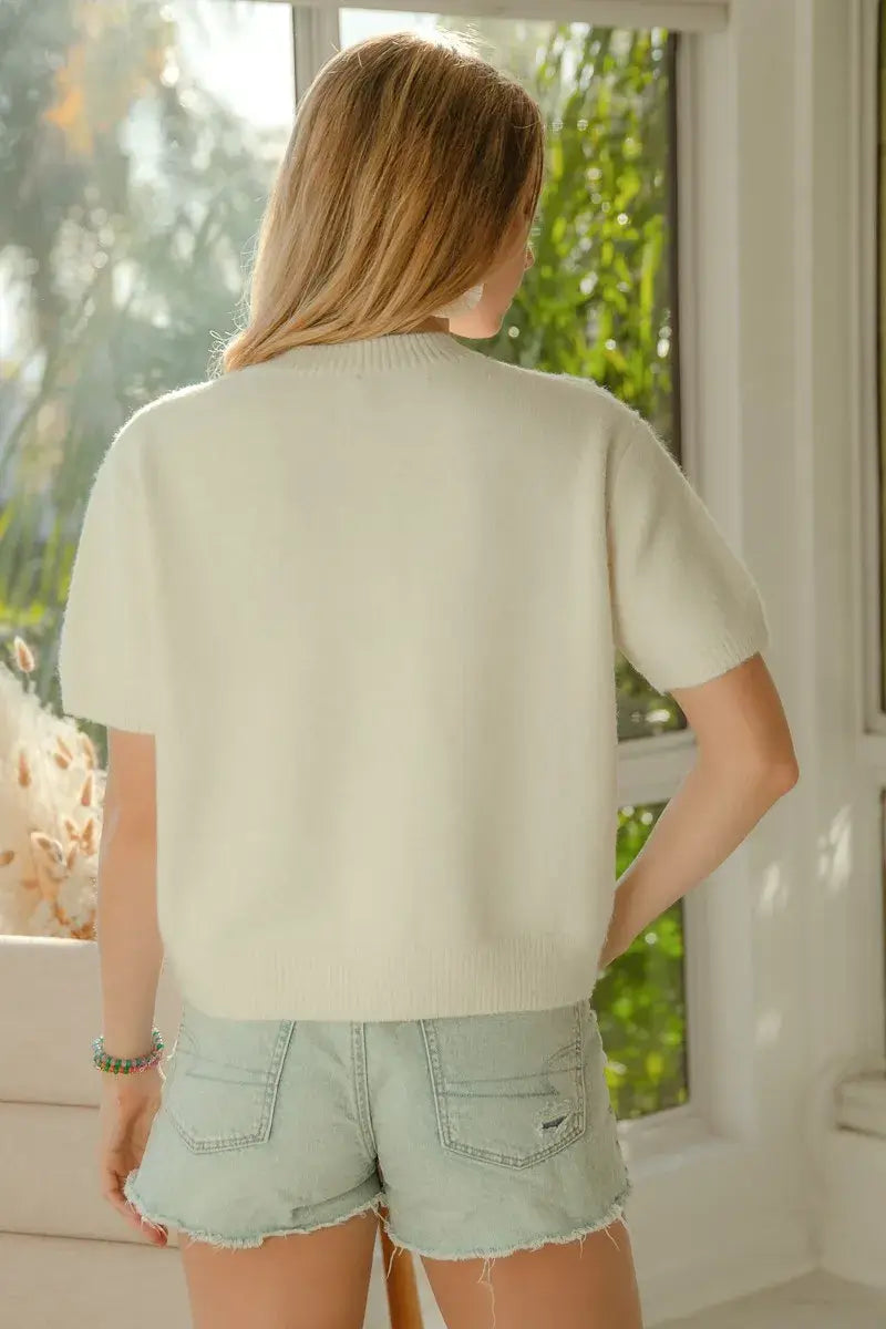 BiBi Teddy Bear With Bow Patched Sweater Button Down Top