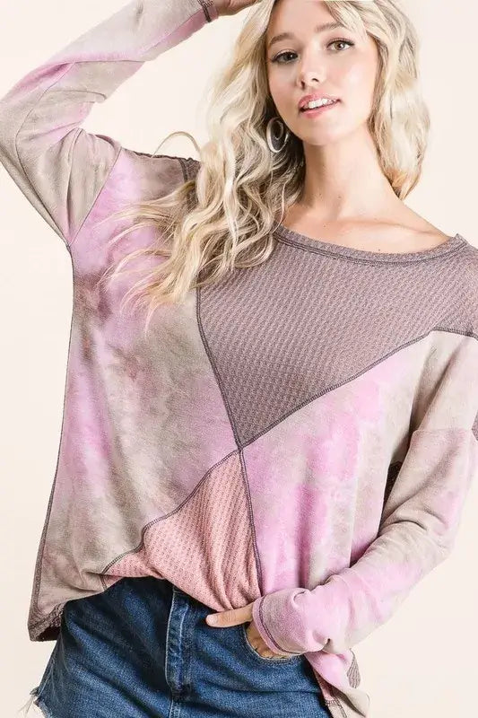 BiBi Thermal Waffle Color Block Top with Tie Dye Image principale du produit