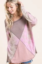 BiBi Thermal Waffle Color Block Top with Tie Dye