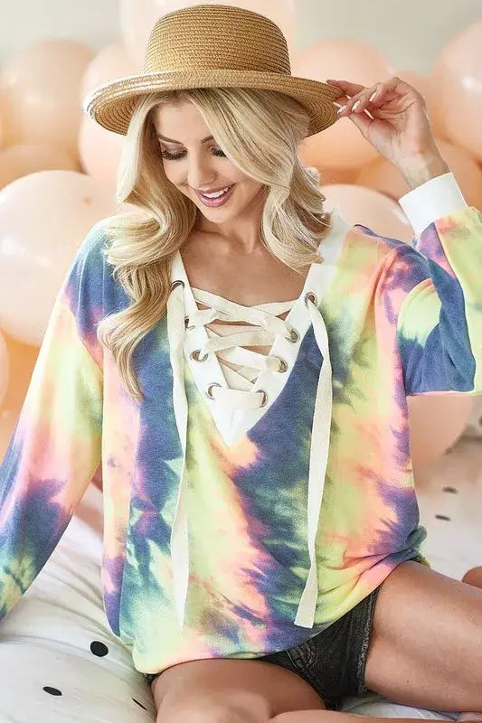 BiBi Tie Dye Deep V-Neck Top with Lace Up Front