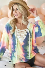 BiBi Tie Dye Deep V-Neck Top with Lace Up Front