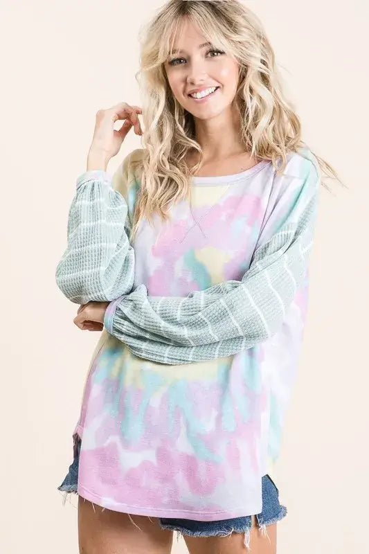 BiBi Tie Dye Terry Top with Wide Stripe Thermal Waffle